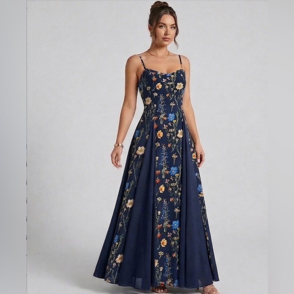 Midnight Navy Floral Print Maxi Dress